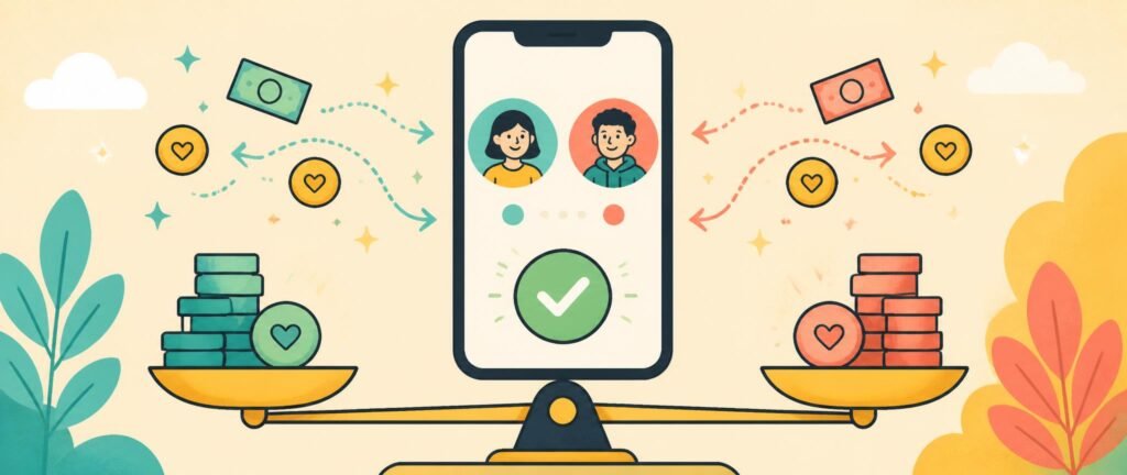Bright illustration of a bill-splitting app settling shared roommate expenses automatically