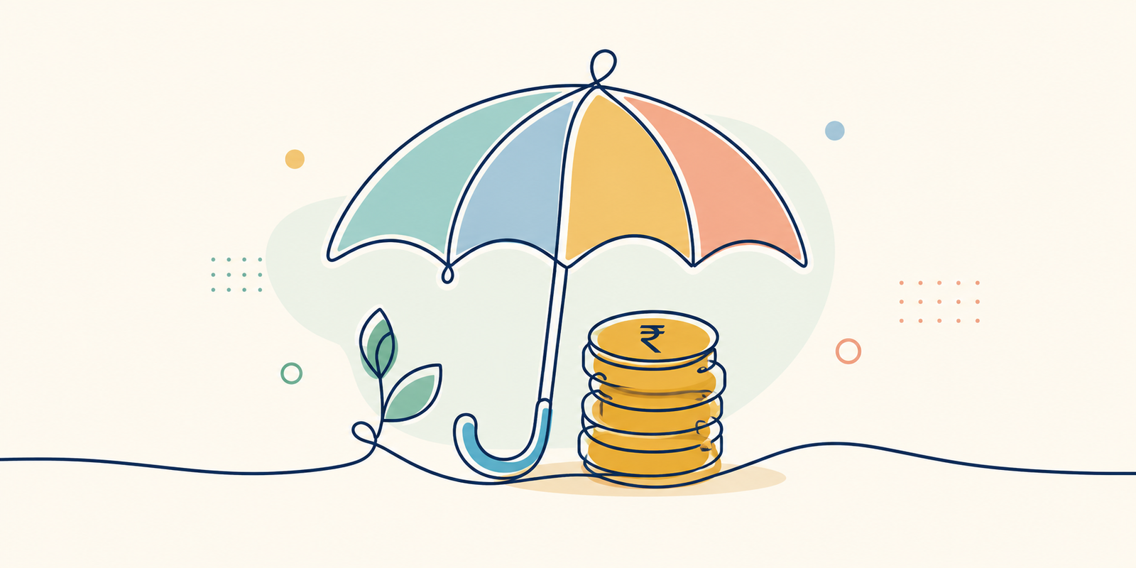 Line-art illustration representing how many months emergency fund do you need with an umbrella protecting savings