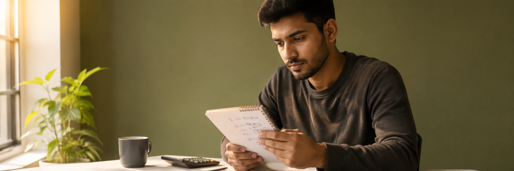 save money on 30000 salary — young professional planning monthly budget at home