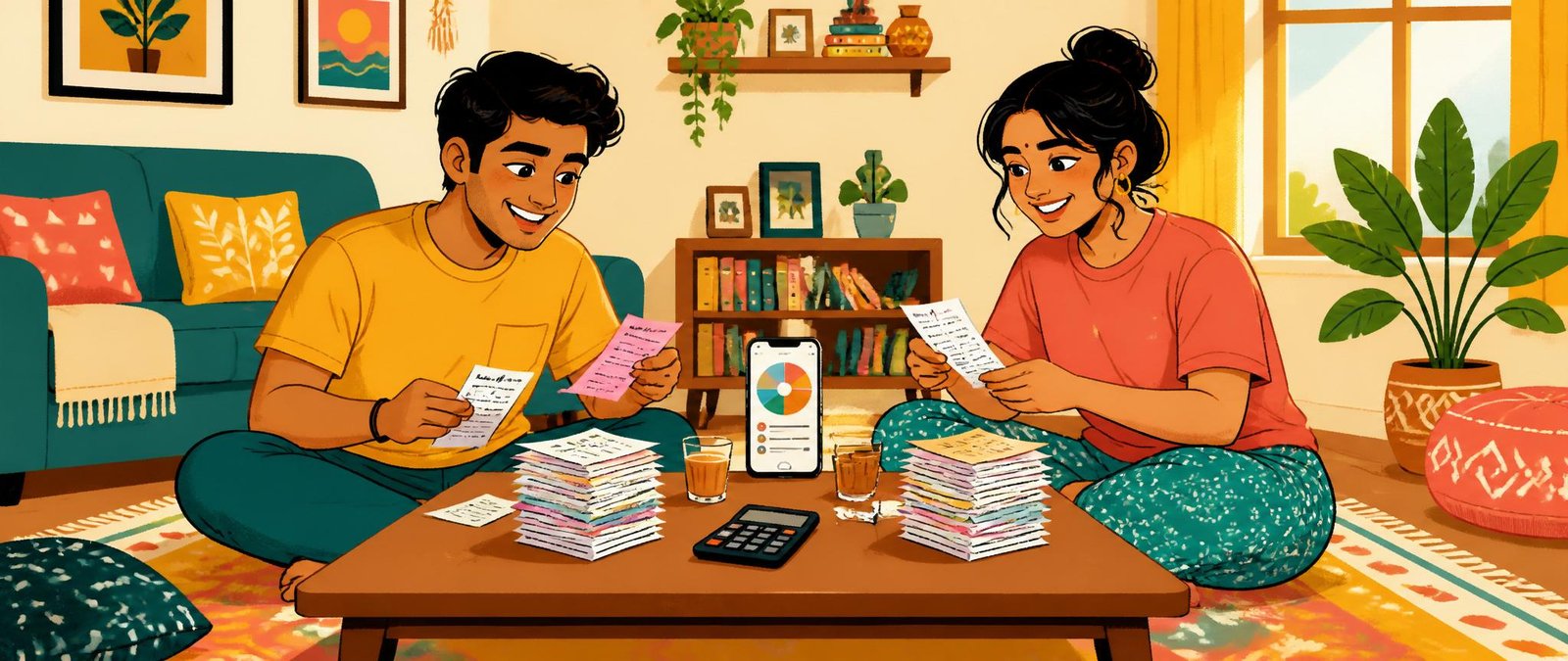 Bright illustration of two flatmates learning how to split expenses with roommates fairly