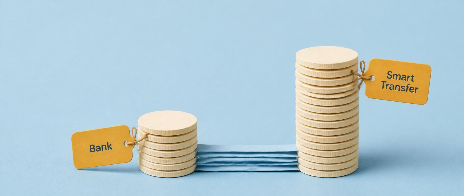 Paper-cut illustration comparing how much money your family receives through a bank versus a specialist transfer service