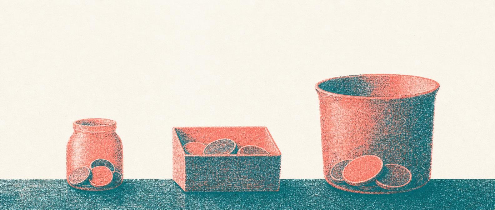 Risograph-style illustration showing where to keep emergency fund money across tiered accounts
