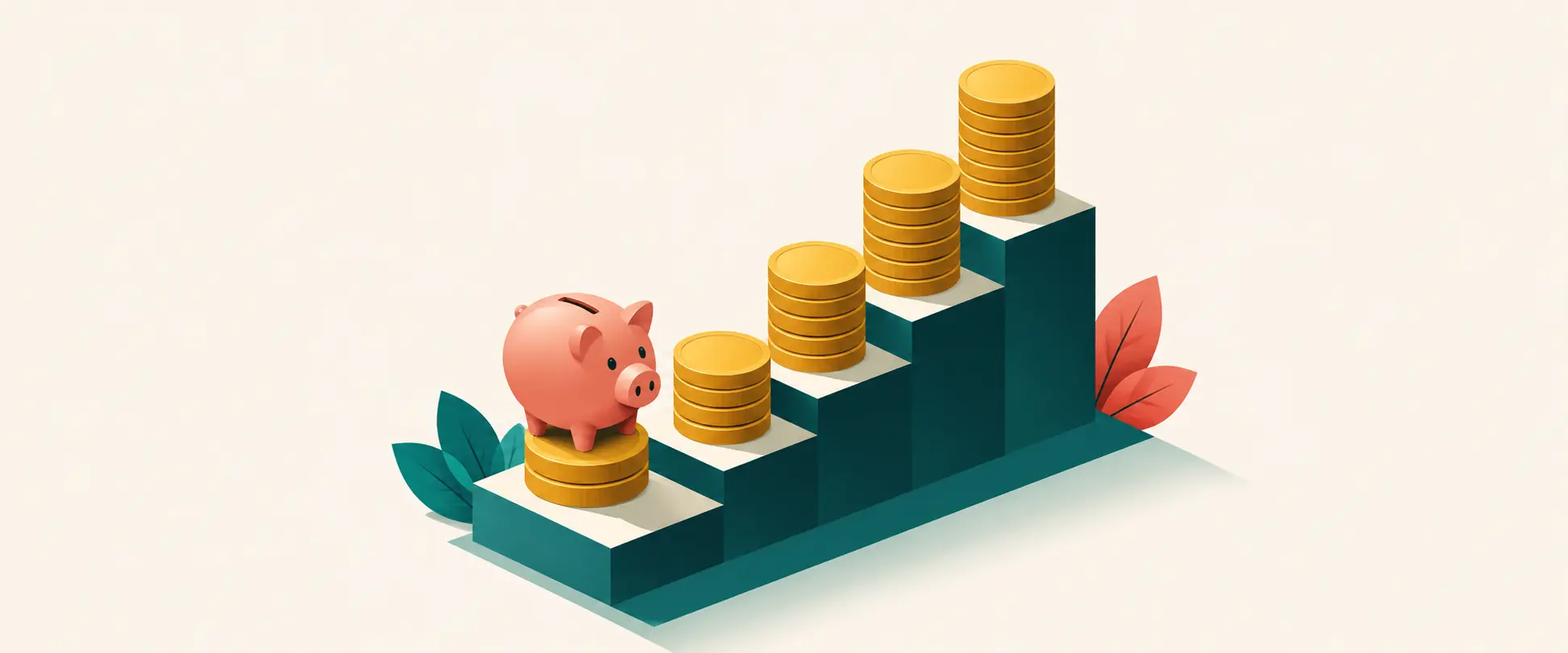 Isometric illustration of small money habits to save money shown as coins forming a rising staircase to a piggy bank