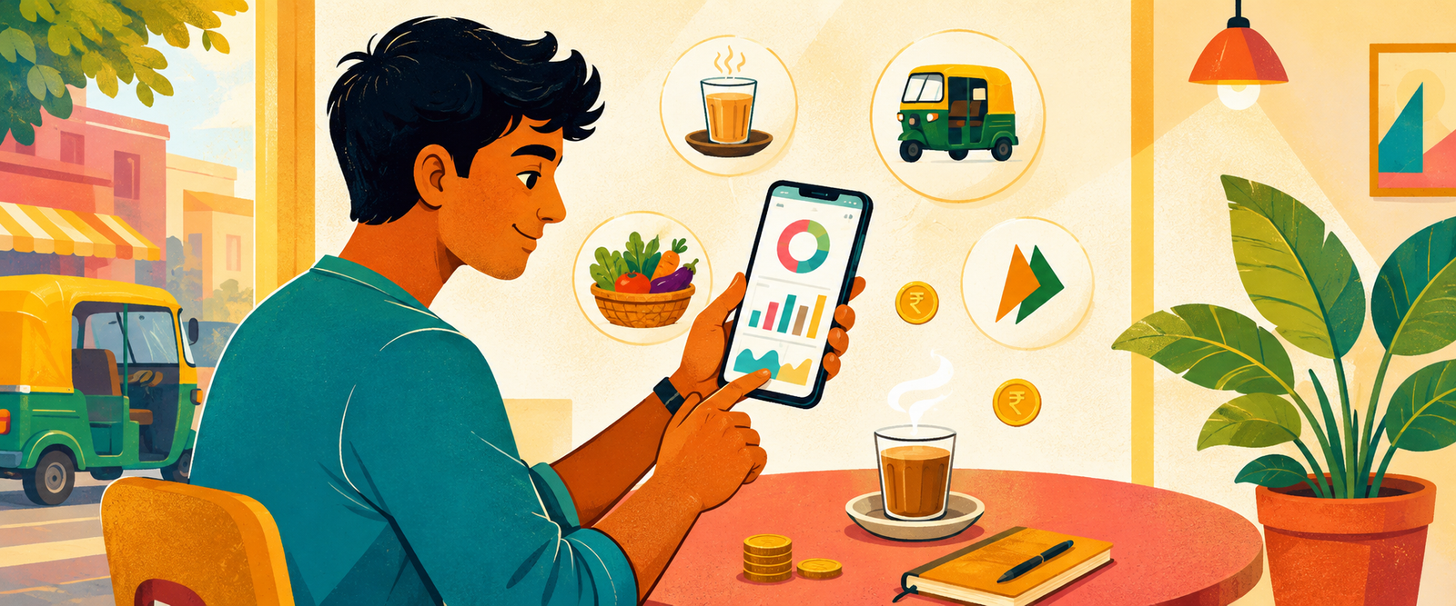 Bright illustration of the best free expense tracker India users can rely on, showing Indian daily spending