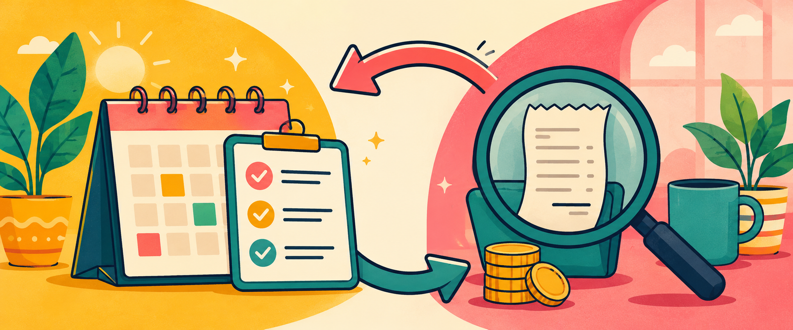 Bright illustration showing budget planner vs budget tracker as two halves of one cycle