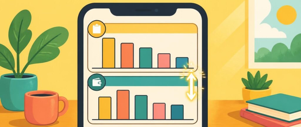 Bright illustration of a phone showing planned vs actual spending in one budget tracker