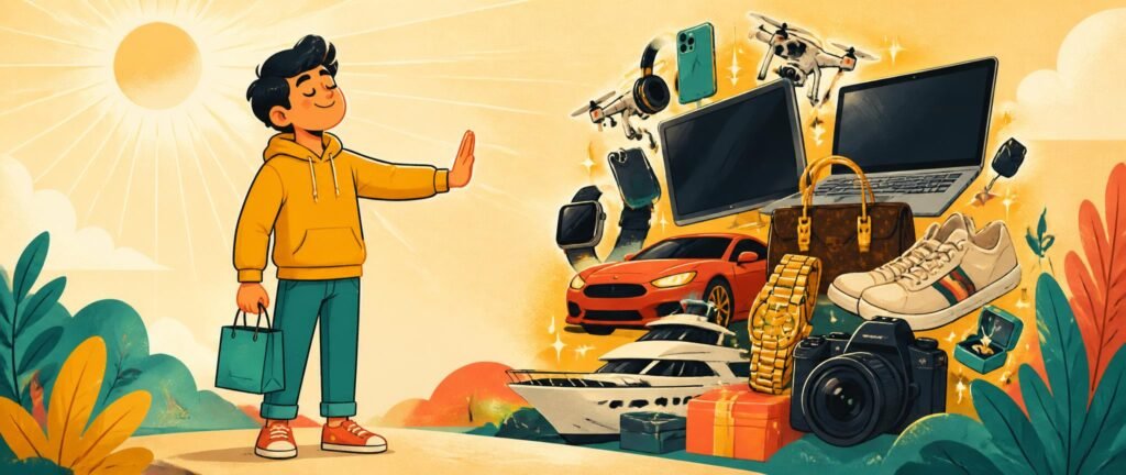 Bright illustration of a first-earner resisting lifestyle inflation by choosing conscious spending