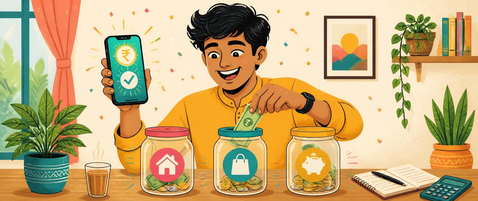 Bright illustration showing how to manage your first salary by splitting it into needs, wants, and savings