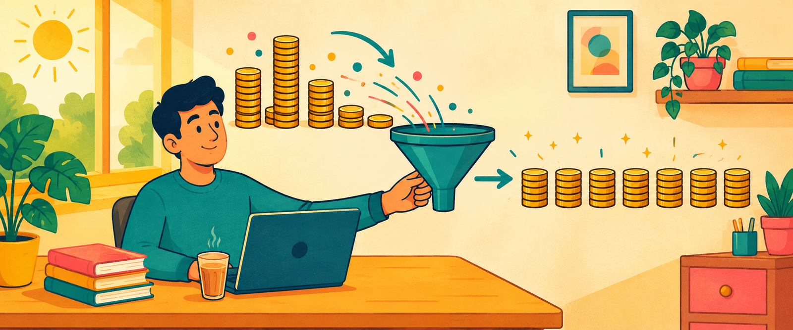 Bright illustration showing how to budget irregular income by smoothing uneven earnings into a steady flow