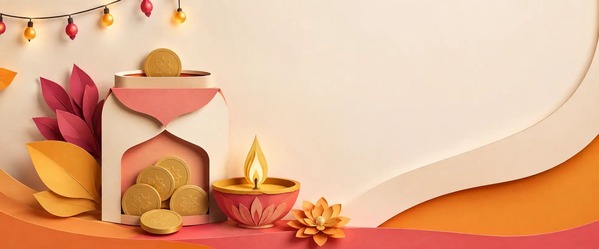 Paper-cut illustration of how to budget for festivals with a savings jar, coins, and a diya