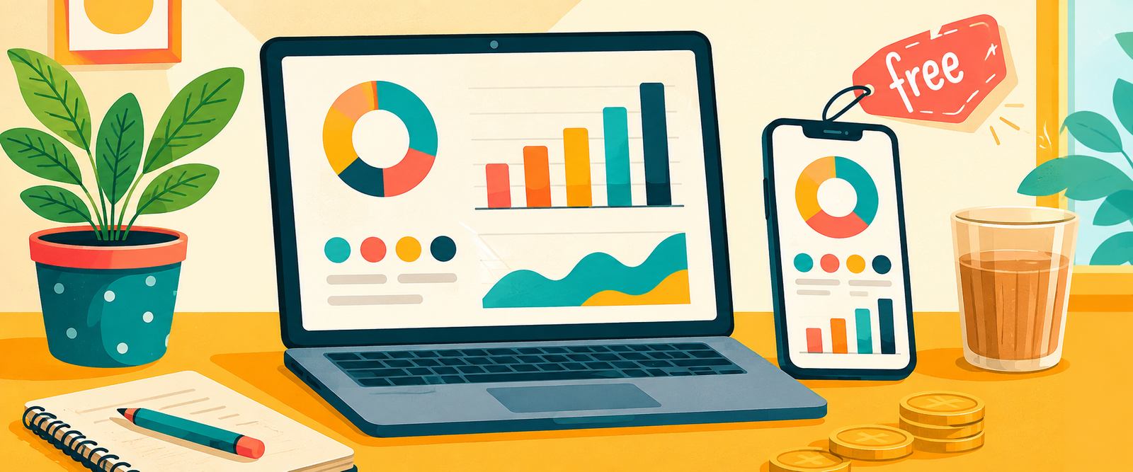 Bright illustration of a free budget tracker website shown on a laptop and phone