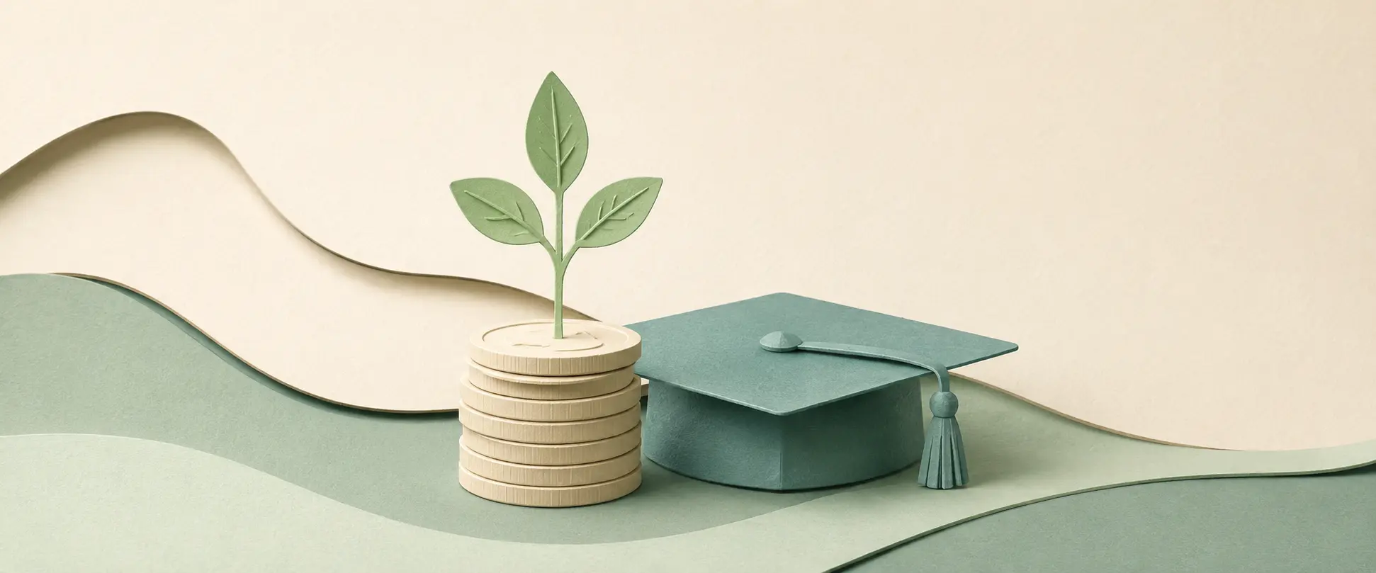Paper-cut illustration showing how to save money as a student with coins and a growing sprout