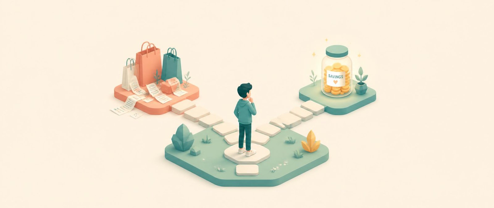 money mistakes in your 20s shown as a fork in the path between spending and saving