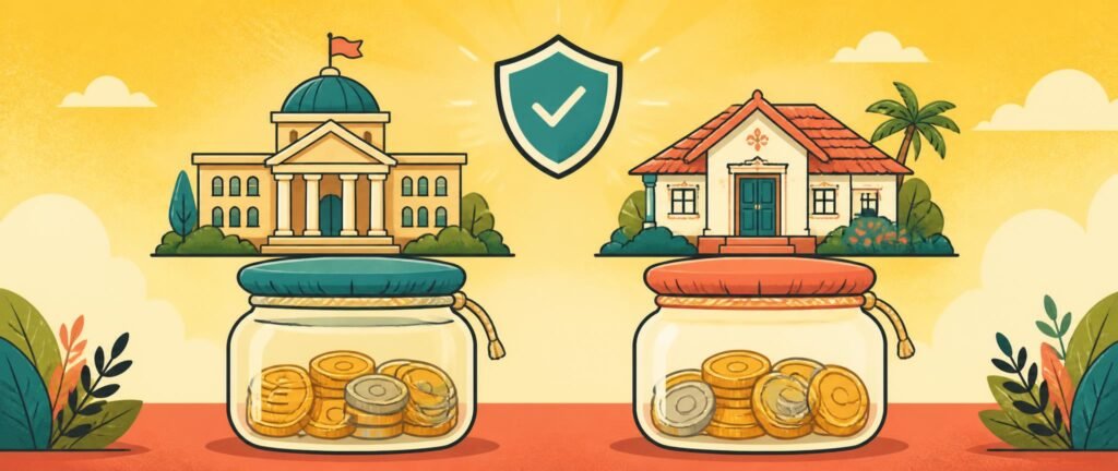 Bright illustration of an NRI building two emergency funds, one in each country