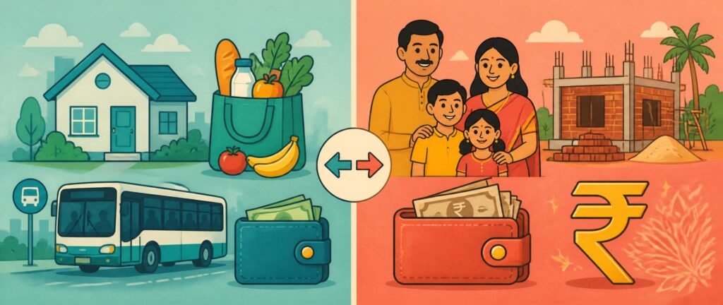 Bright illustration showing an NRI separating host-country and India expenses into two budgets