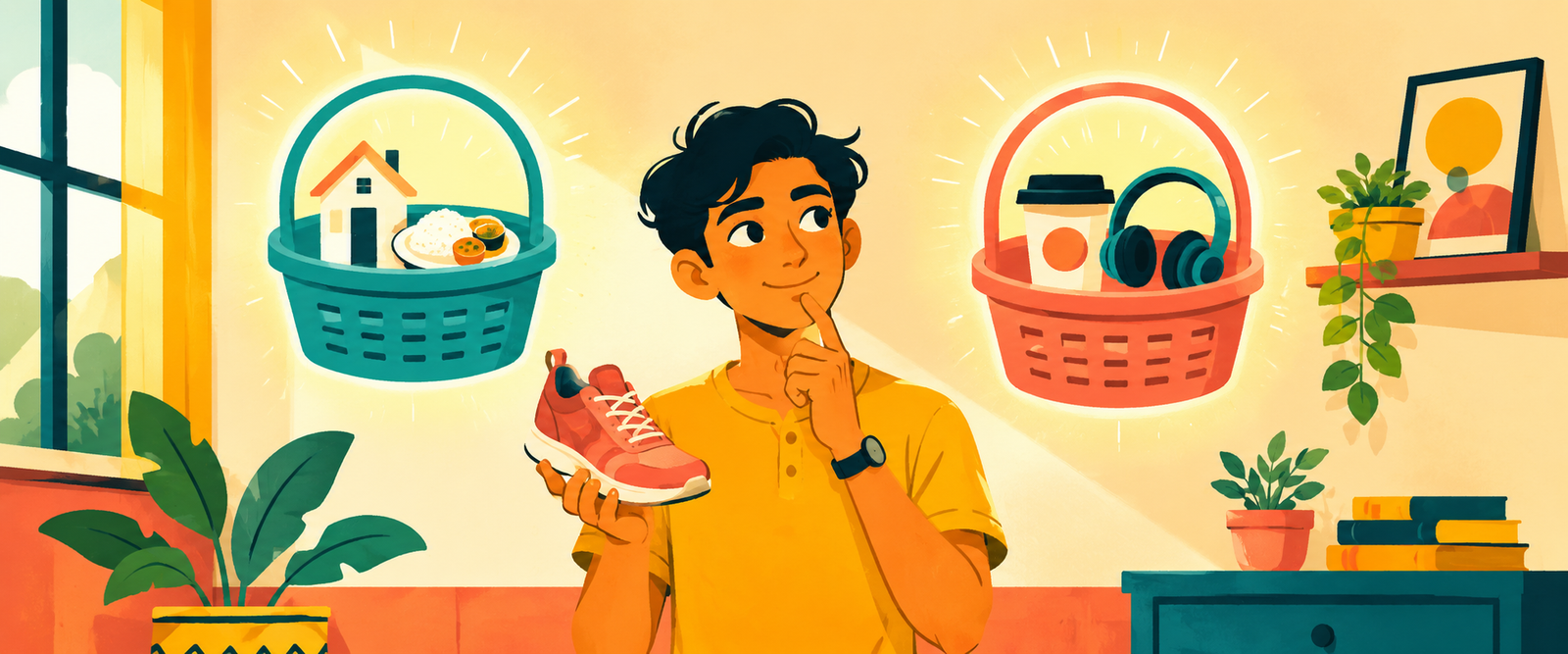 Bright illustration showing needs vs wants in budgeting with two baskets for sorting expenses