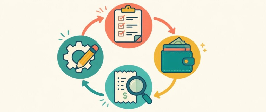 Bright illustration of the plan, spend, track, adjust budgeting loop