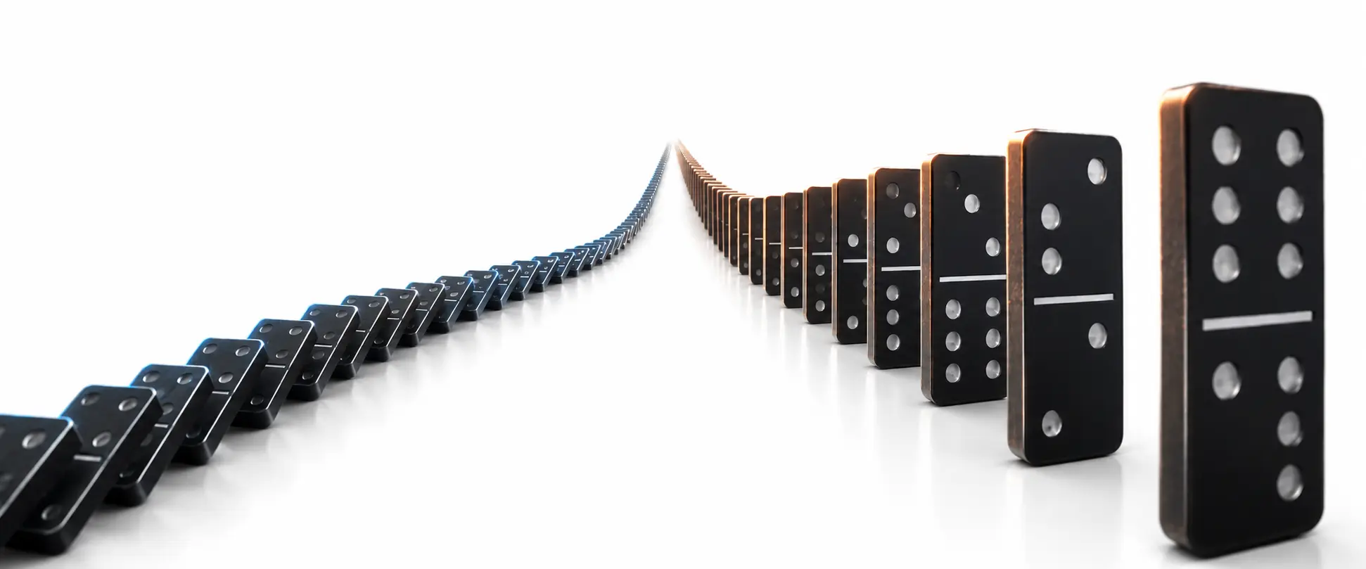 Snowball vs avalanche method illustrated as two domino paths converging, representing two debt payoff strategies